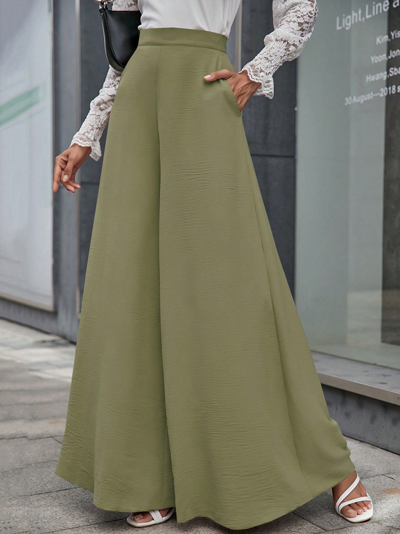 Solid Slant Pocket Wide Leg Pants