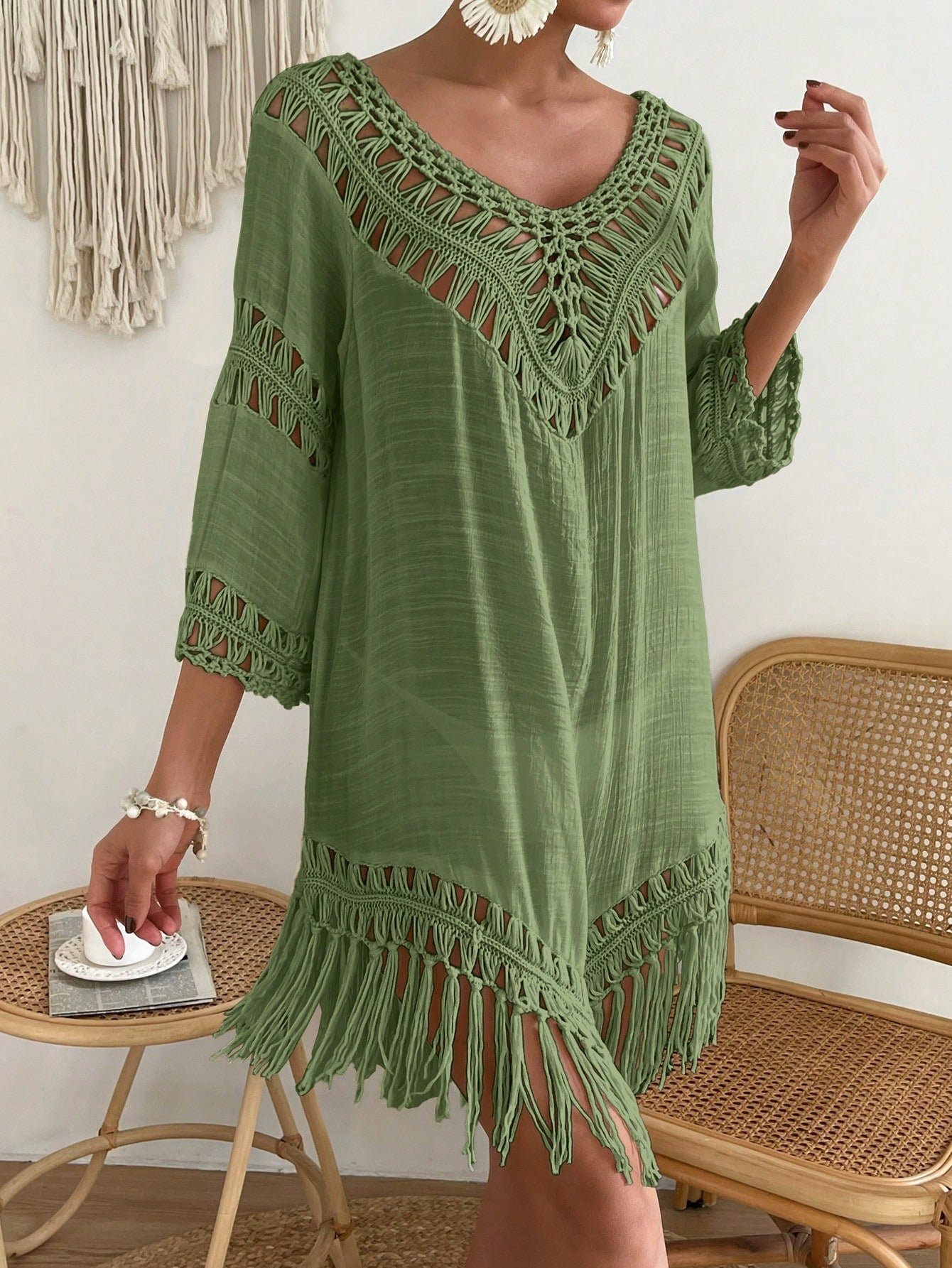 Swim Fringe Hem Crochet Cover Up Dress,Summer Beach