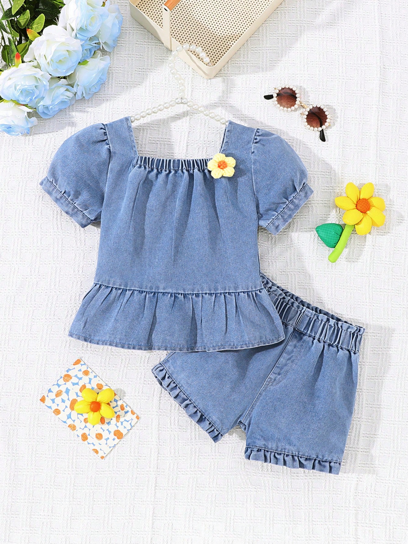 Young Girl Casual Casual Doll Collar Denim Two-Piece Set In Blue, For Toddlers