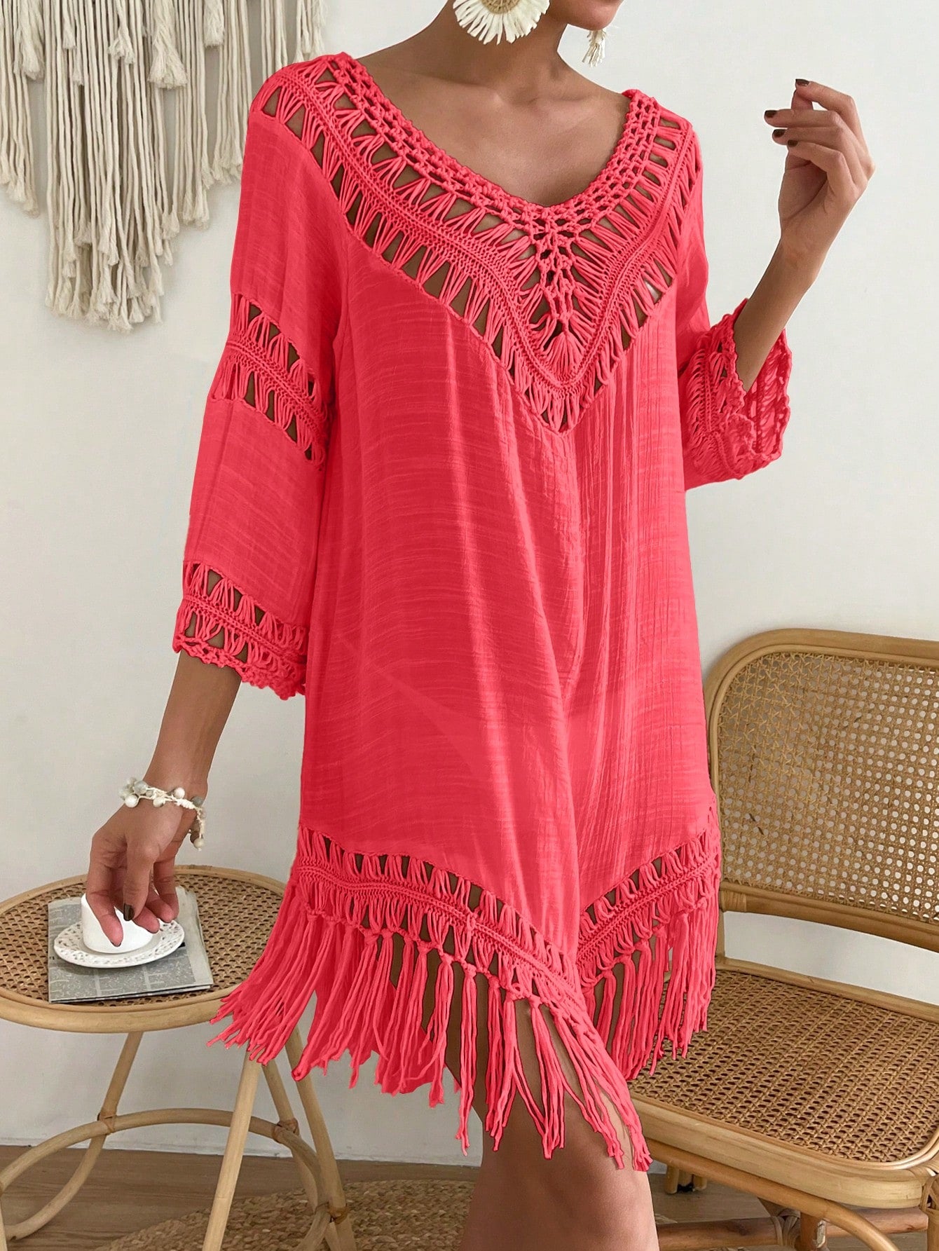 Swim Fringe Hem Crochet Cover Up Dress,Summer Beach