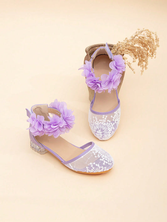 New Style Girls' High-Heeled Dance Shoes, Perfect For Parties And Outdoor Events, Lace & Rhinestone Princess Heels