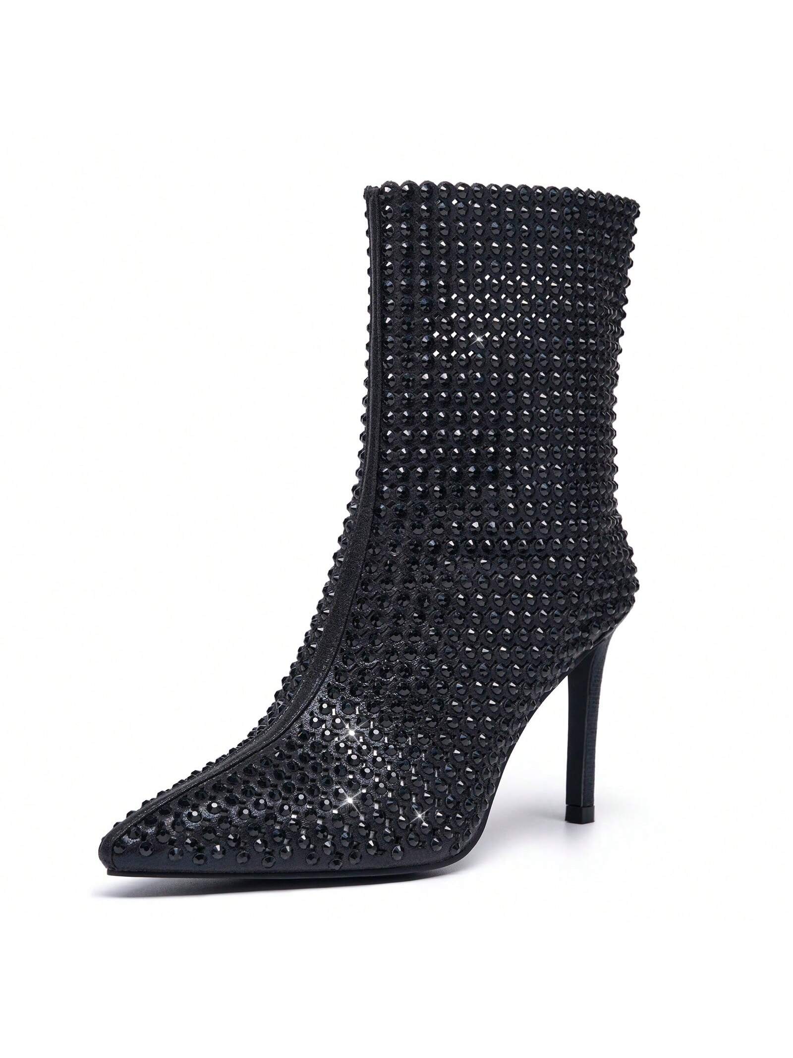 Women's Rhinestone Boots Stiletto High Heels Pointed Toe Sparkly Ankle Boots