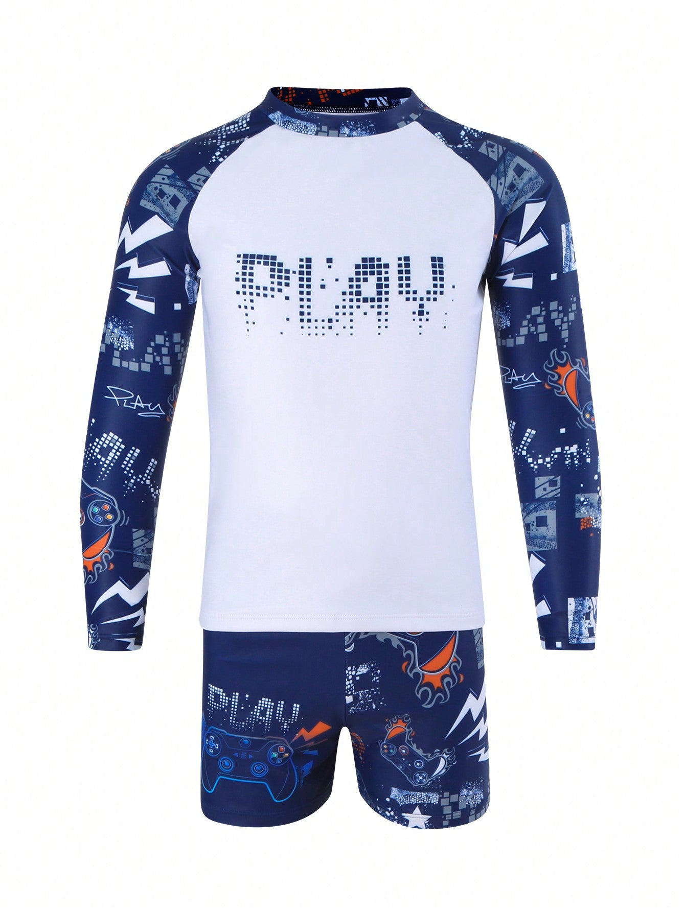 Teen Boy Casual Swimwear With Stand Collar, Long Sleeves And Letter Print Design