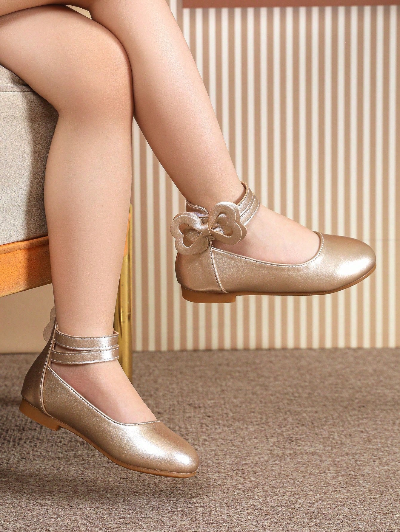 Girls' Gold Flat Shoes, 7-10 Years Old, Children's Winter And Four Season Shoes