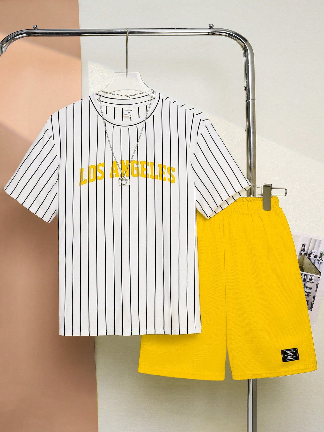 Tween Boy Street Style Letter Printed Striped Crew Neck Short Sleeve T-Shirt And Solid Knit Shorts Two-Piece Casual Set