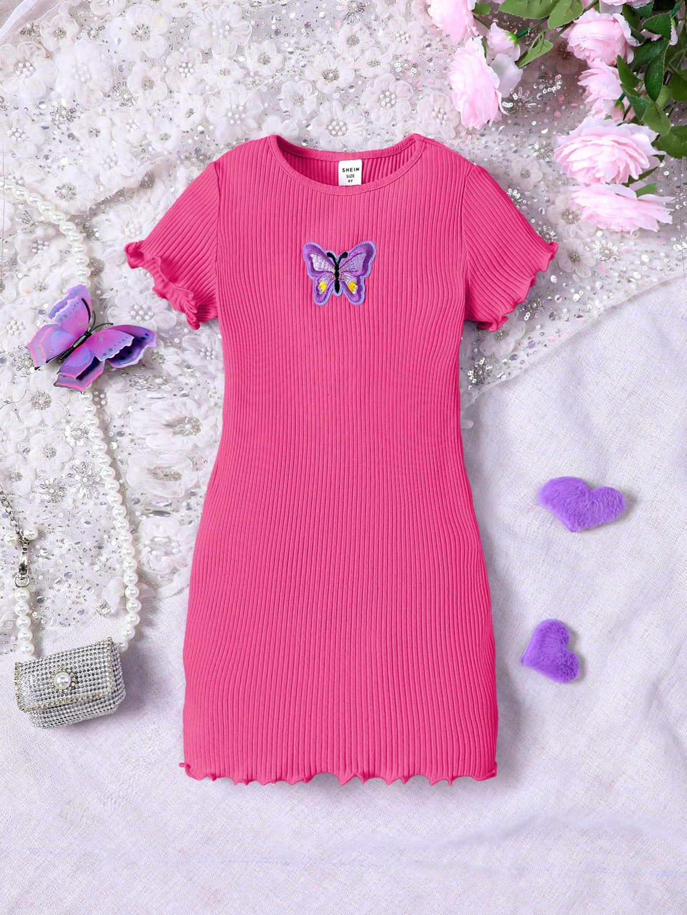 Young Girl Knit Butterfly Patterned Solid Color Round Neck Casual Dress