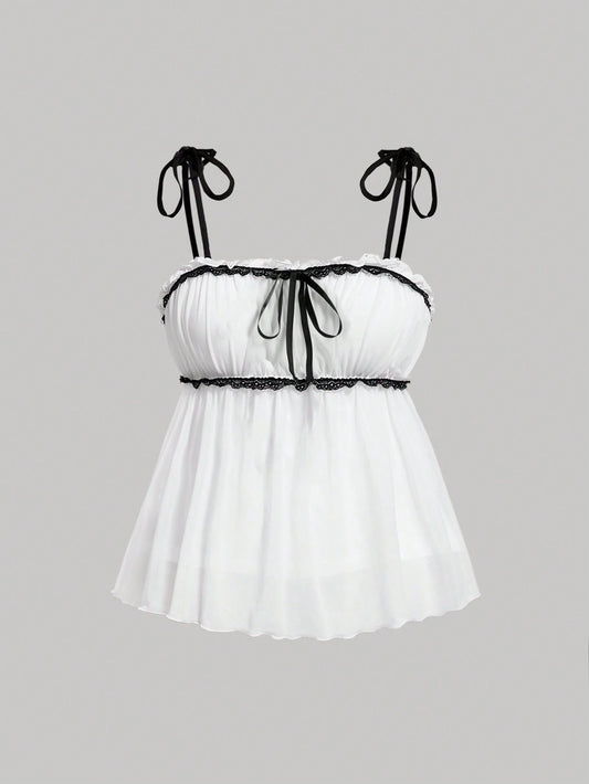 Plus Size Summer White Lace Spliced Bowknot Doll Hem Camisole Top