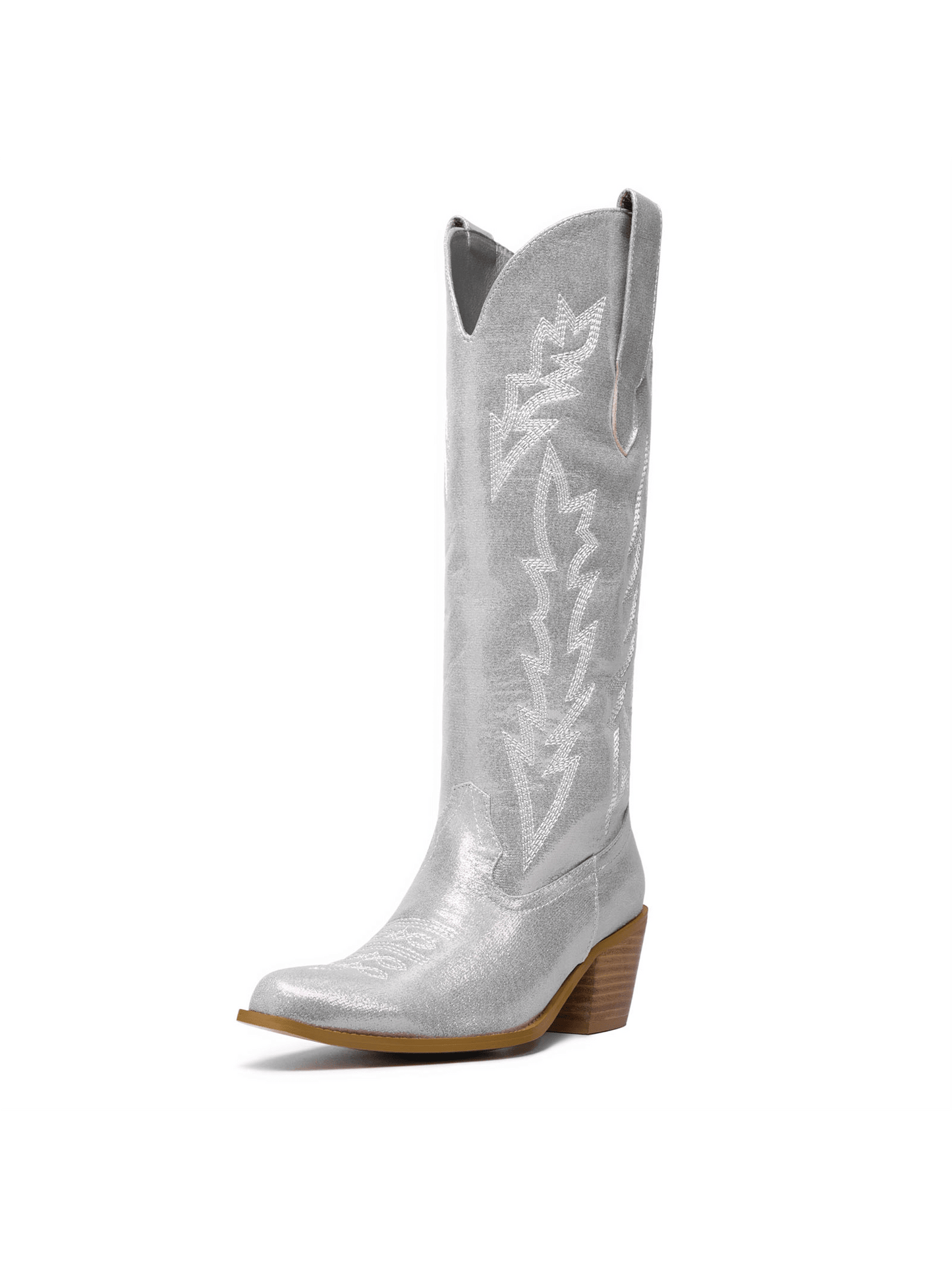 Metallic Embroidered  Knee High Cowboy Boots For Women Ladies' Tall Western Cowgirl Boots Almond Pointed Toe Medium Block Chunky Heel