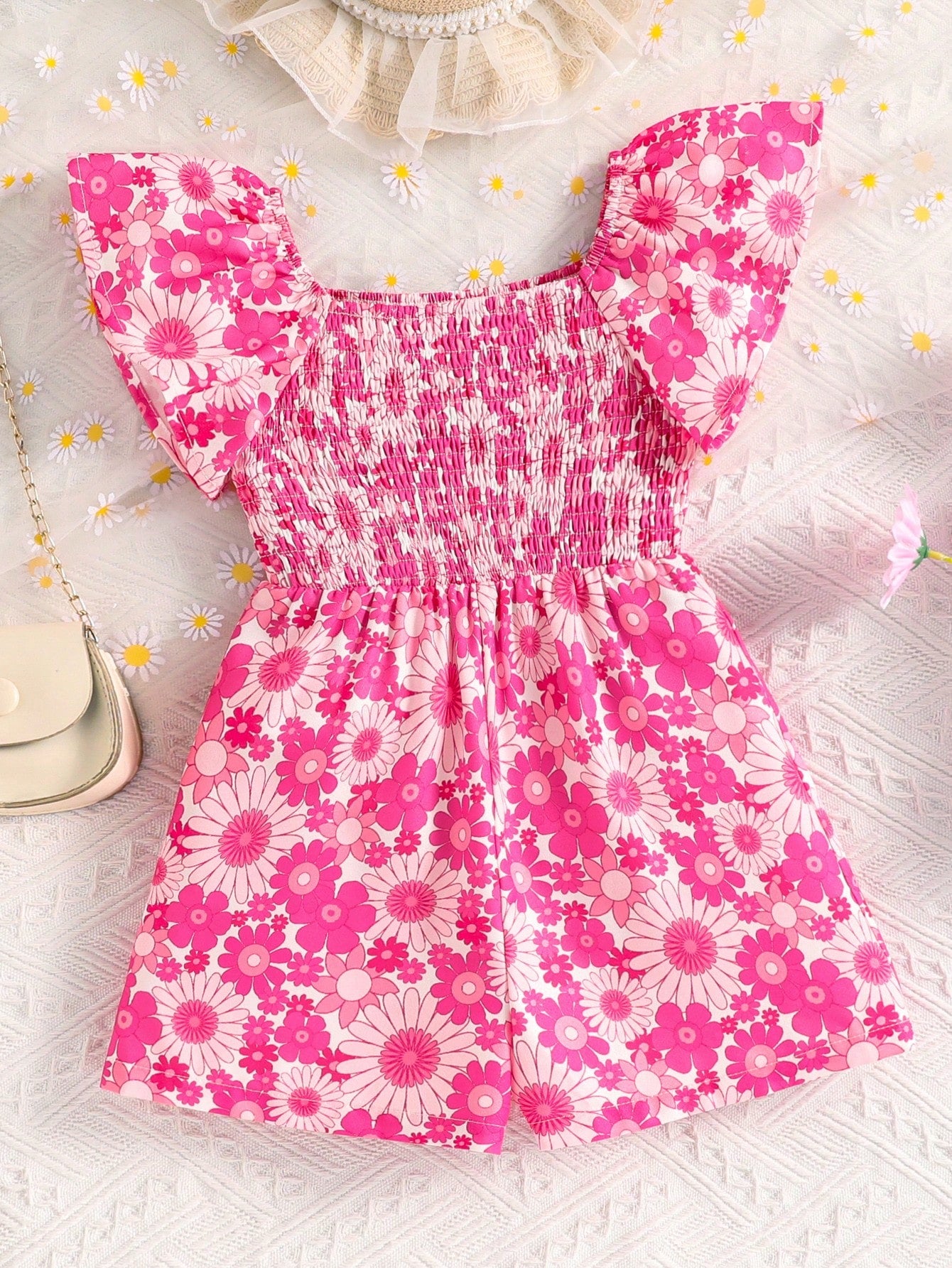 Young Girl's Cute And Casual Ruffles And Flower Printed Romper With Square Neckline And Short Sleeves