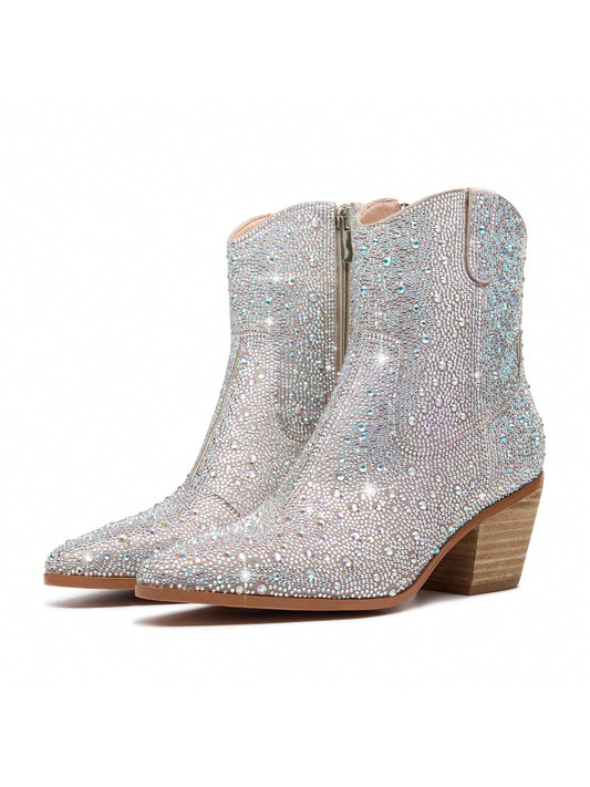 Rhinestone Cowboy Boots Sparkly Ankle Cowgirl Booties For Women Pointed Toe Side Zipper Western Glitter Mid Calf Short Fashion Boots