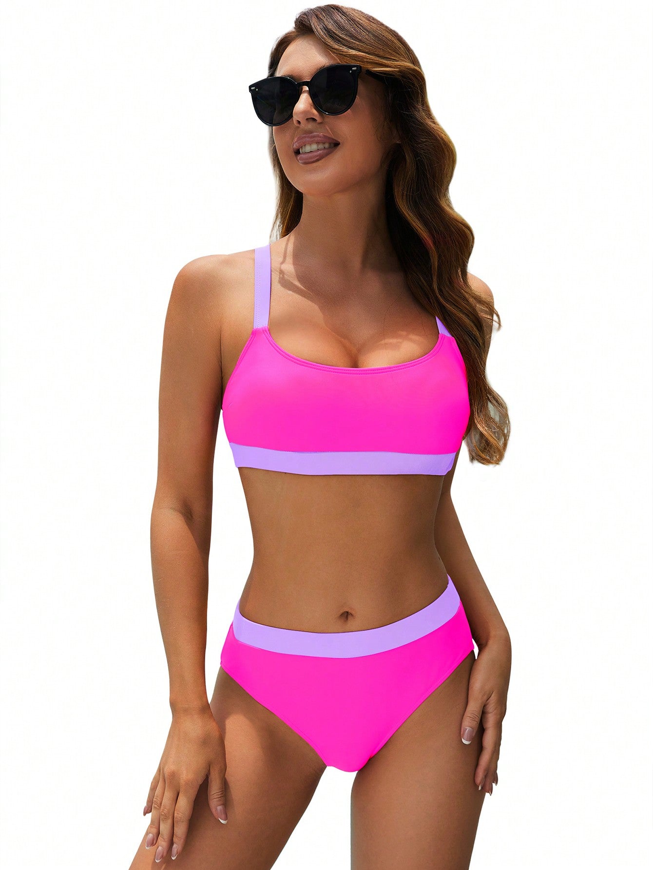 Women's Two Piece High Waisted Bikini Set Sports Color Block Swimsuit Scoop Neck Cheeky Bathing Suit