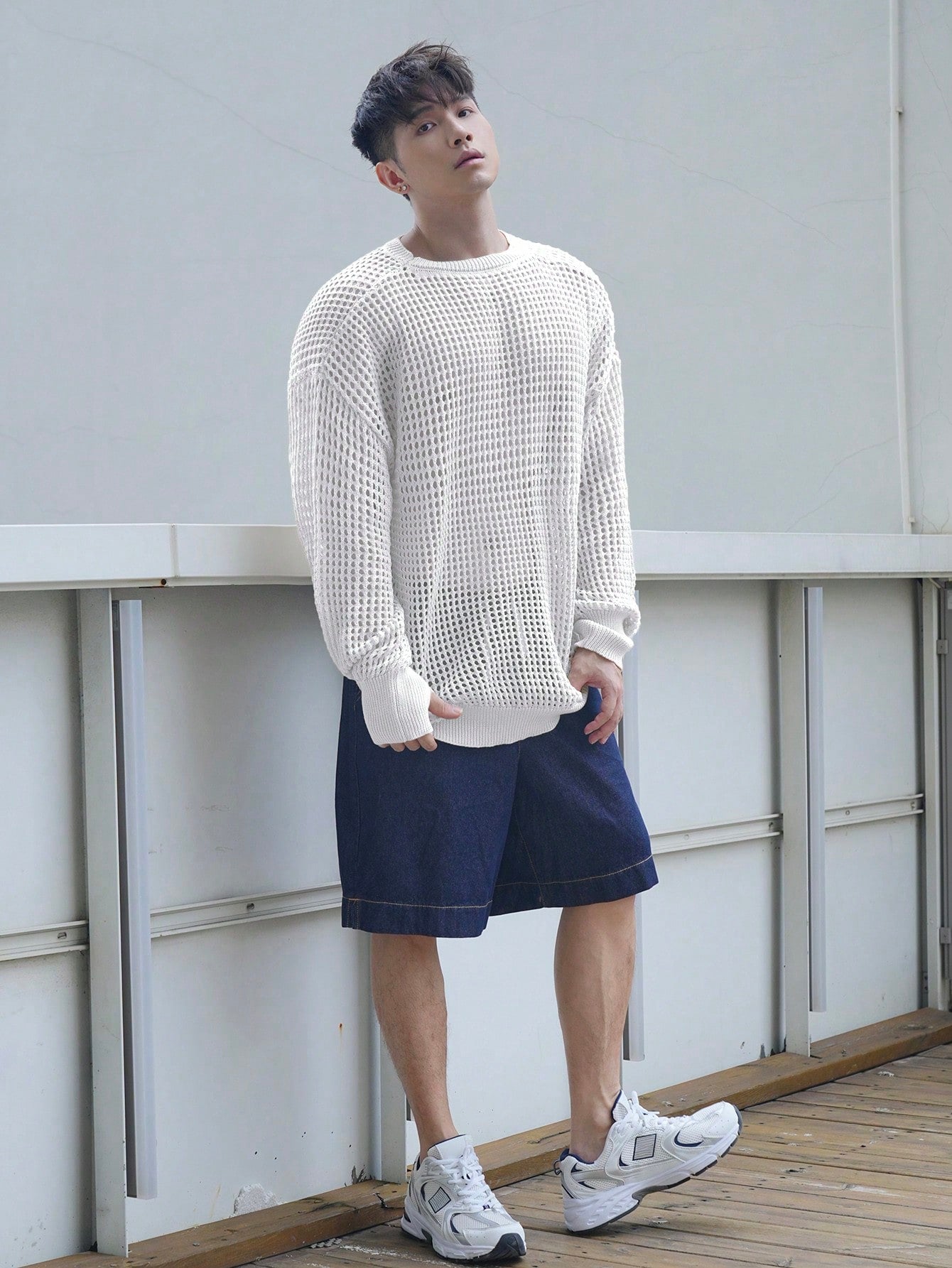 Men's Round Neck Drop Shoulder Long Sleeve Hollow Out Sweater