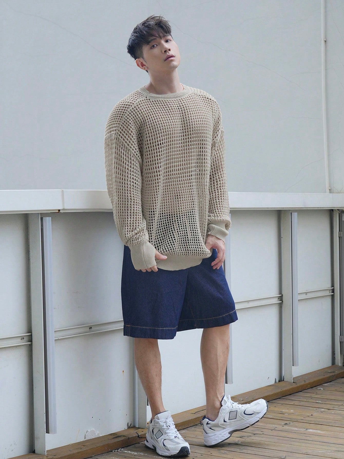 Men's Round Neck Drop Shoulder Long Sleeve Hollow Out Sweater