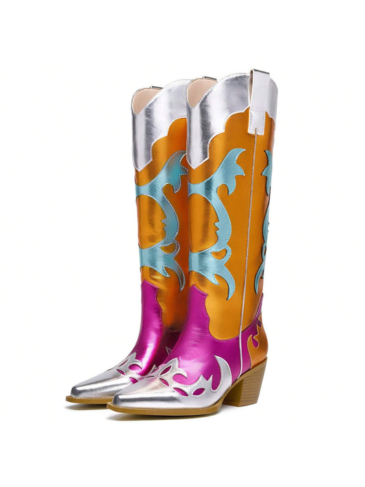 Multicolor Metallic Cowboy Boots Women Knee High Cowgirl Boots Colorful Pointed Toe Western Sparkly Boots