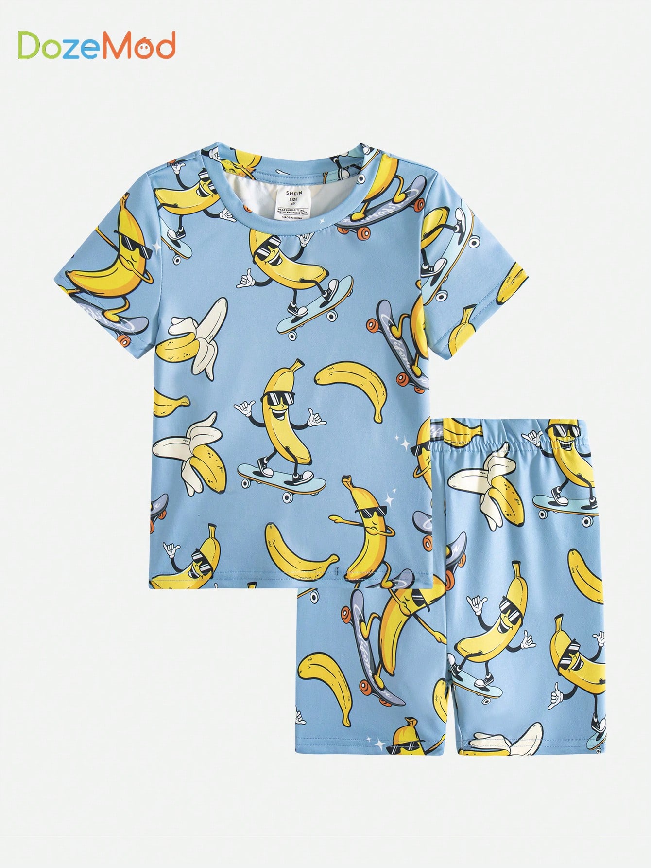 2pcs/Set Casual And Cute Banana & Skateboard Printed Short Sleeve T-Shirt And Shorts Snug Fit Home Wear For Young Boys