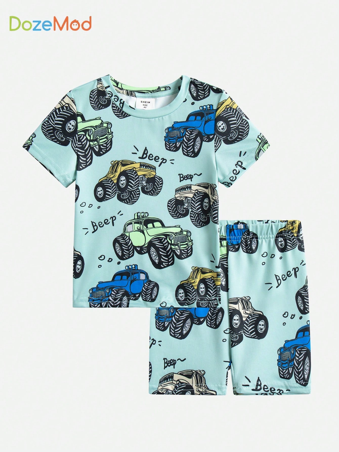 2pcs Young Boys' Casual Cute Cartoon Car,  & Off-Road Vehicle Printed Round Neck Short Sleeve T-Shirt And Shorts Comfortable Home Outfit Set