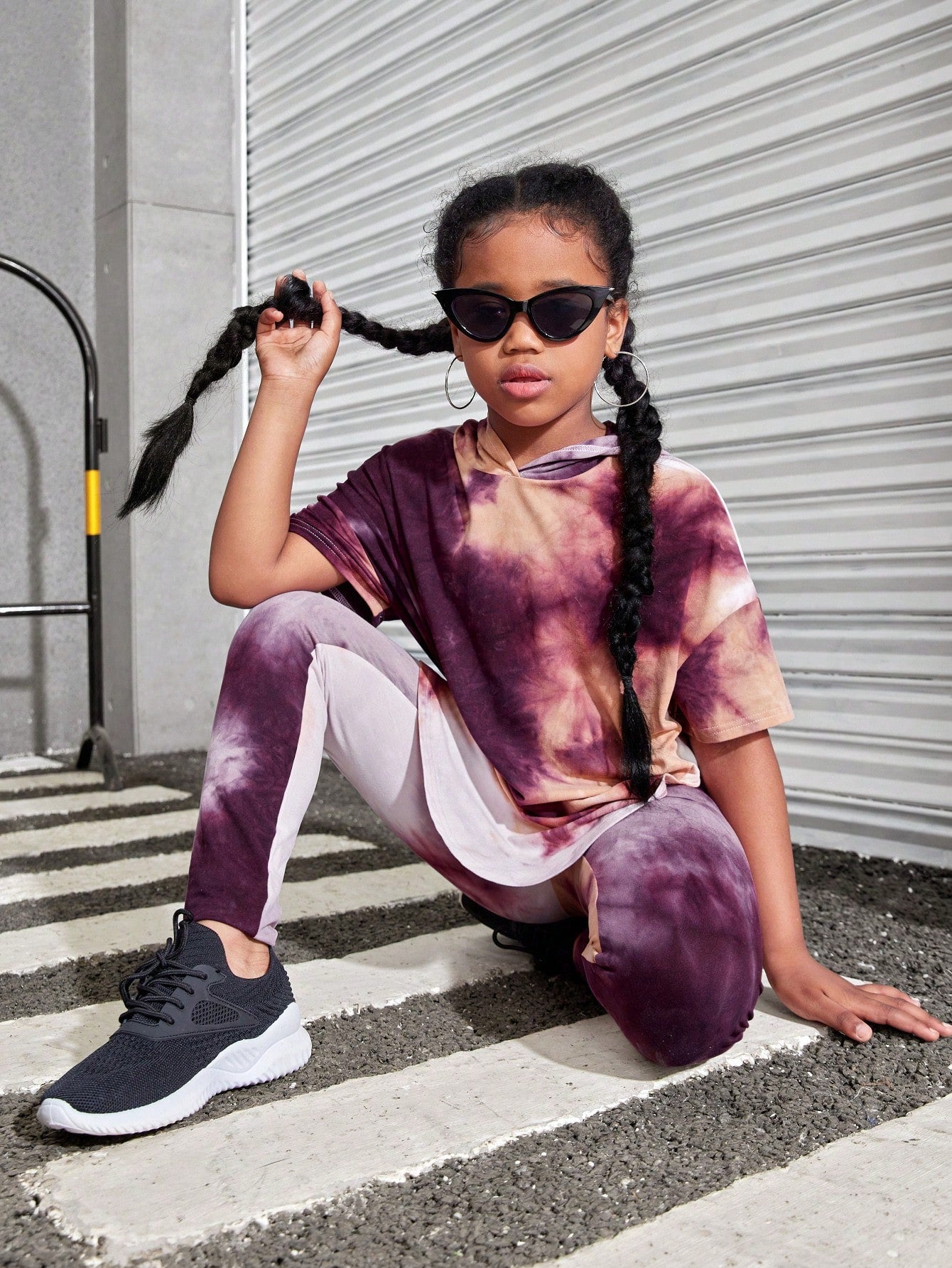 Tween Girl Knitted Tie-Dye Hooded Short Sleeve Top With Matching Pants, For Spring And Summer Street Fashion