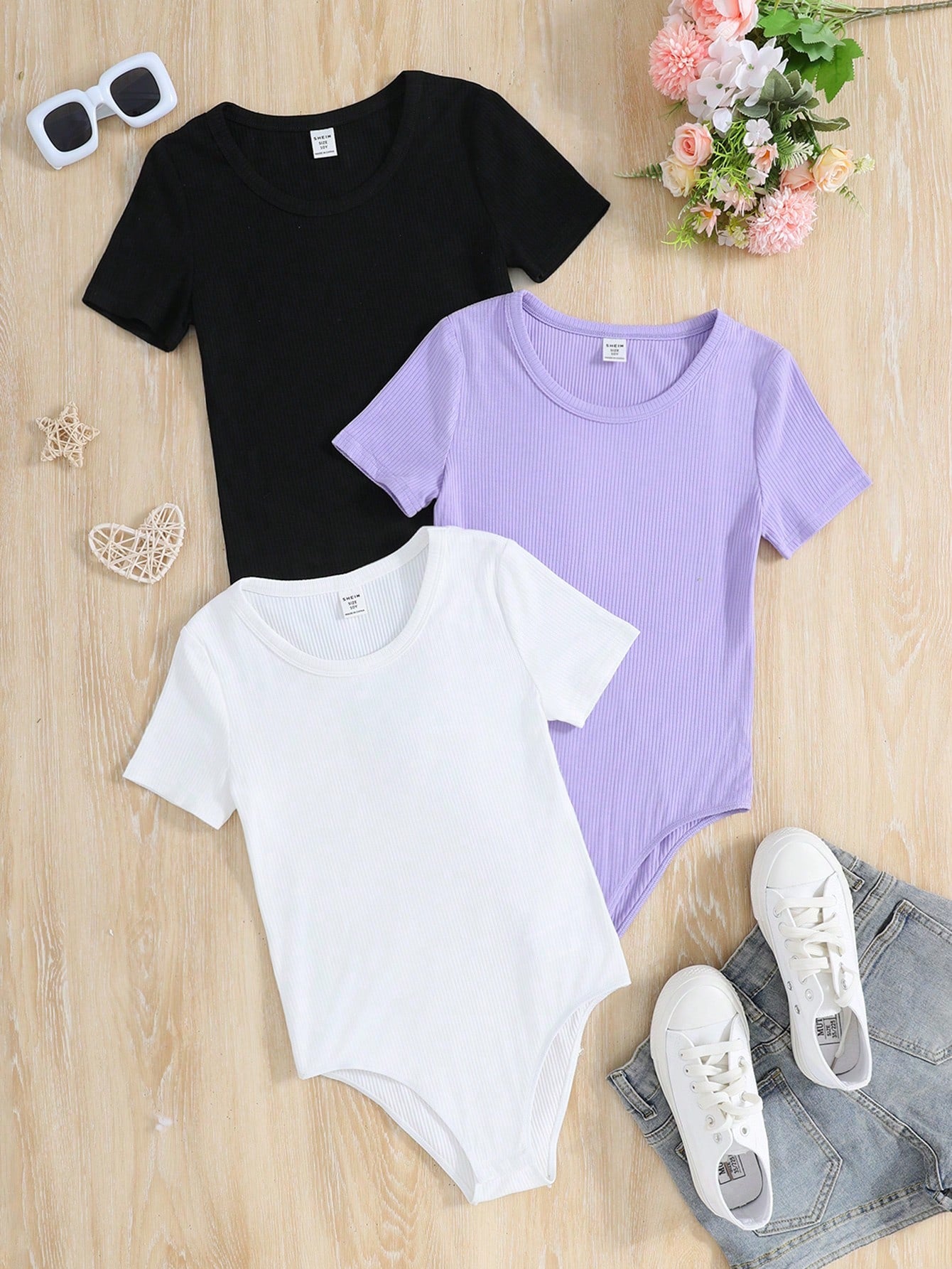 Tween Girl Knitted Solid Color Bodysuit With Round Neck, 3pcs/Set Casual Outfit