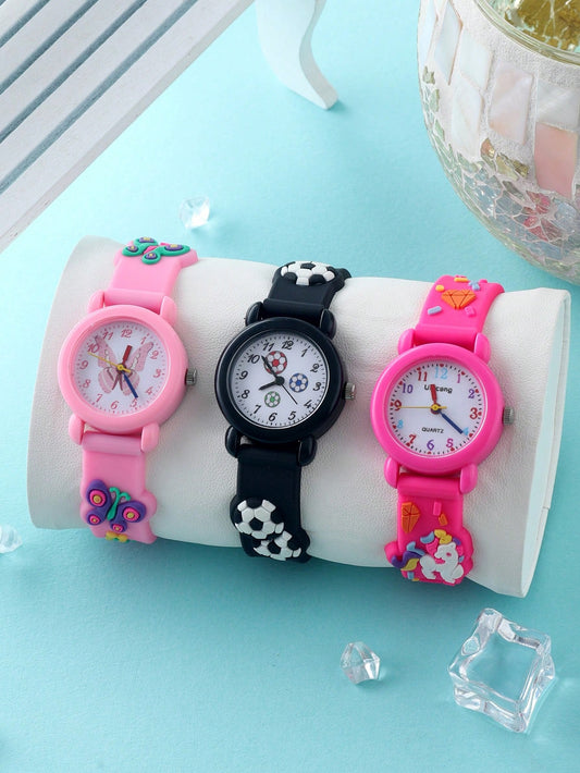 3pcs Dry Battery Powered Cute Round Watch With Soccer, Butterfly And Unicorn Decoration Patterns, Unisex, Suitable For Daily Wear And Gift Giving