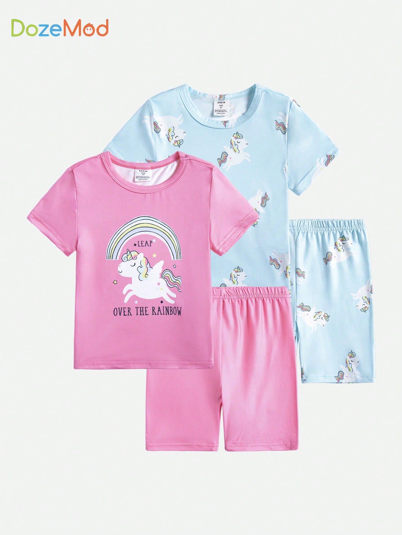 Young Girl Knitted Unicorn Pattern Round Neck Top & Shorts Set, Snug Fit Home Wear, 2pcs/Set