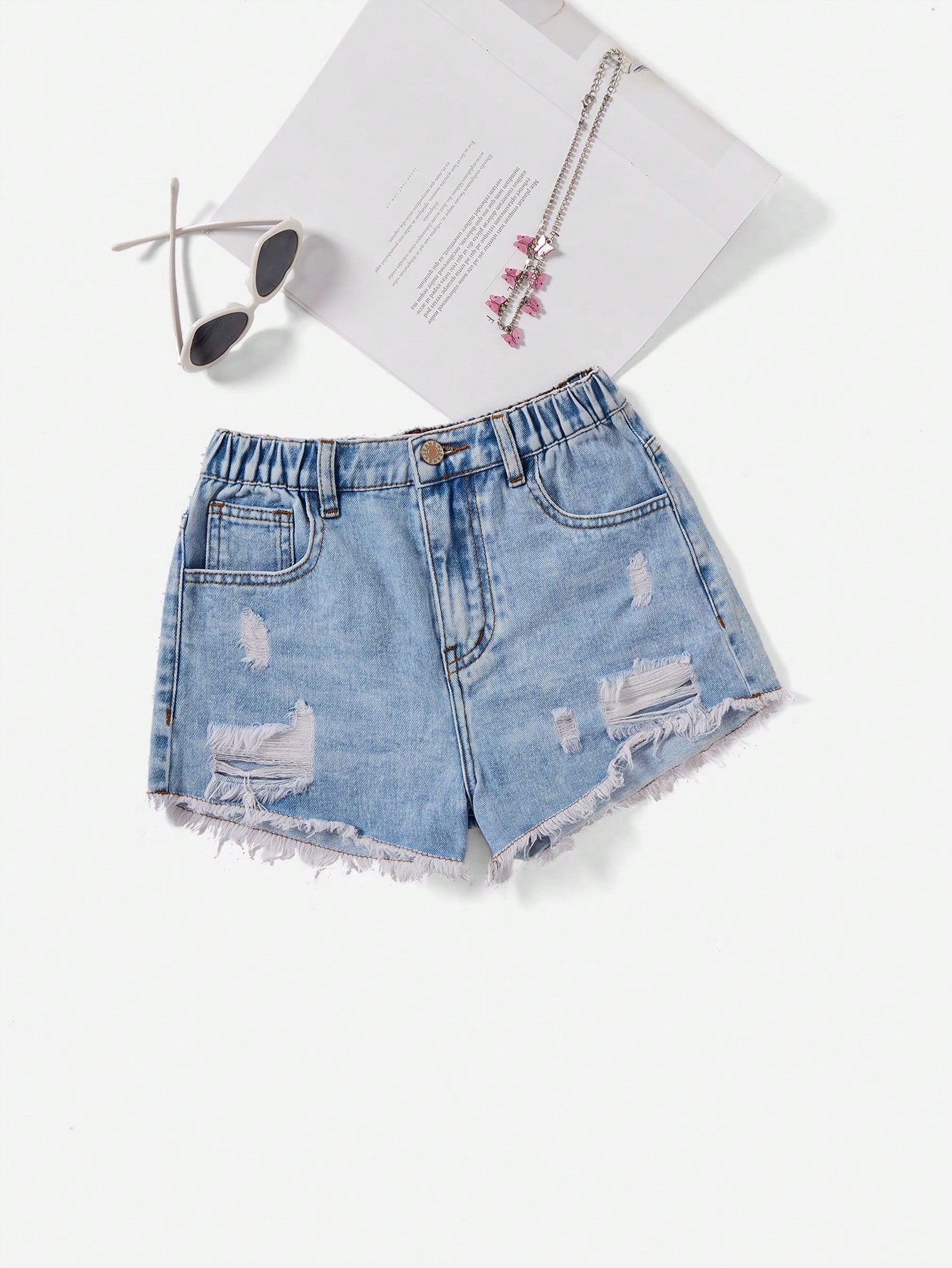 Tween Girl All-Match Simple Casual Loose Wide Leg Denim Shorts With Distressed Details