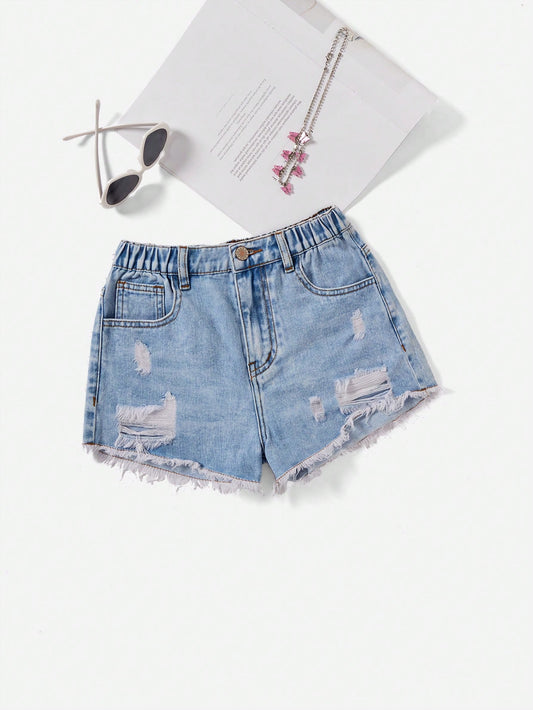 Tween Girl All-Match Simple Casual Loose Wide Leg Denim Shorts With Distressed Details