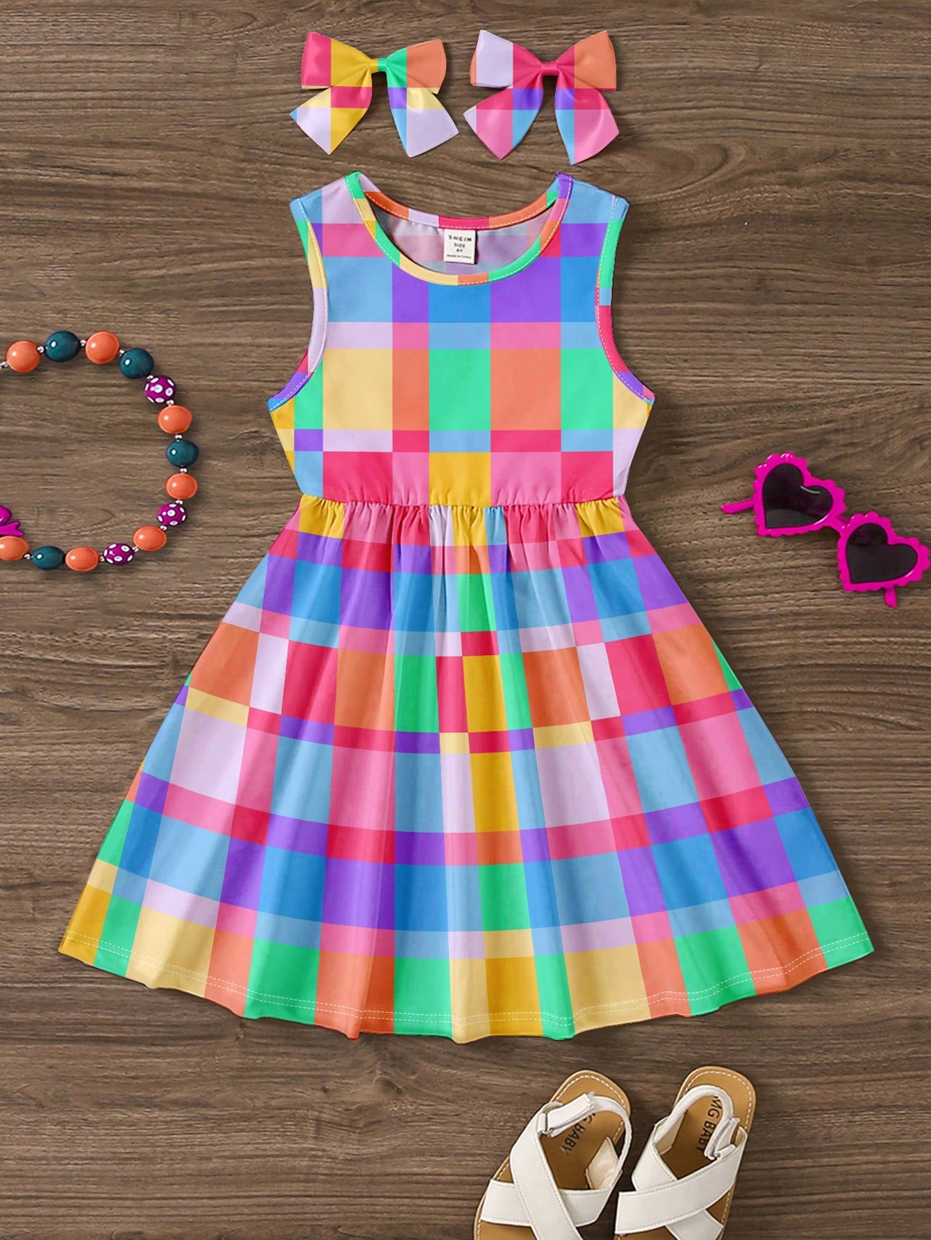 Young Girl Casual Colorful Plaid Pattern Tank Dress, Summer Outfit