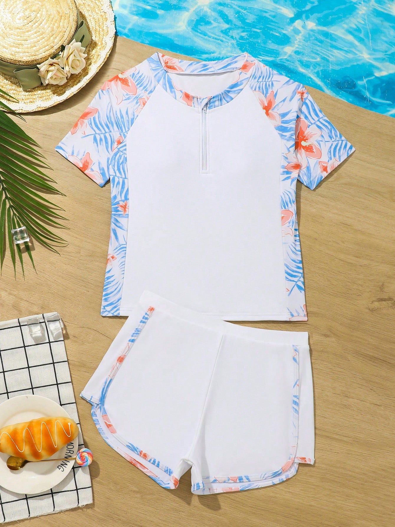 Tween Girl Random Tropical Print Zipper Front Rashguard Summer Beach