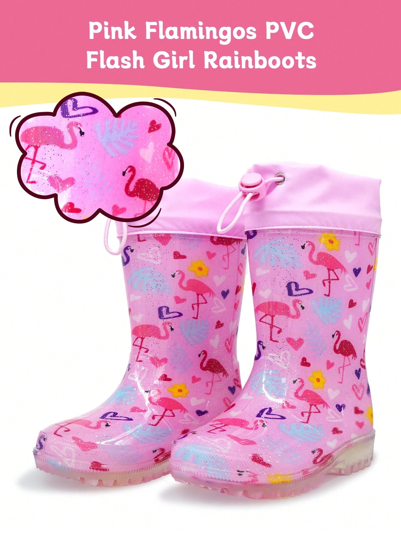 Girls Pink Flamingos Kids Glitter Waterproof Boots Outdoor   Slip-Resistant Rain Shoes All Seasons Comfortable Waterproof Pull Cord Tie Up Rain Shoes