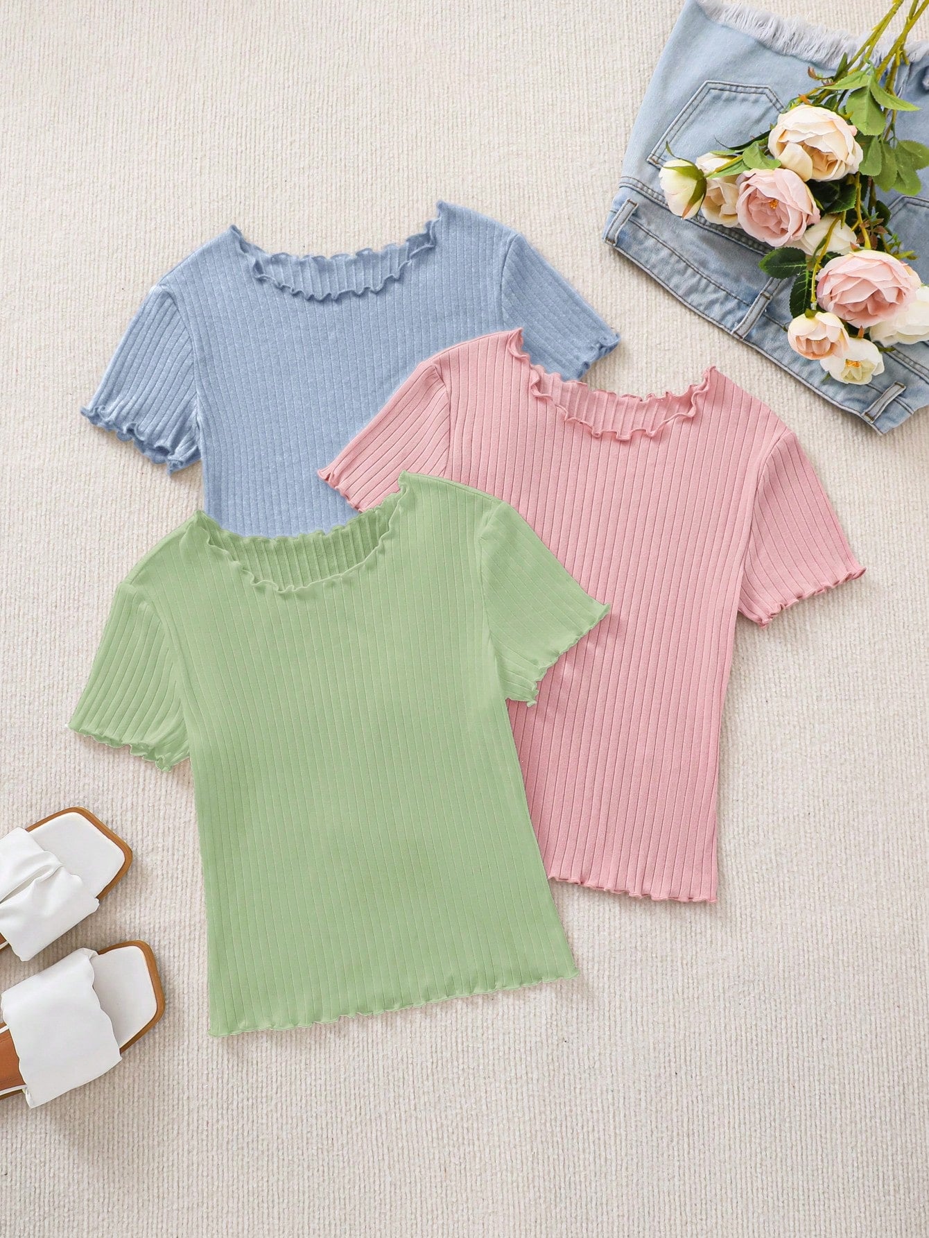 3pcs Knitted Casual Round Neck Short Sleeve T-Shirt Set For Tween Girls