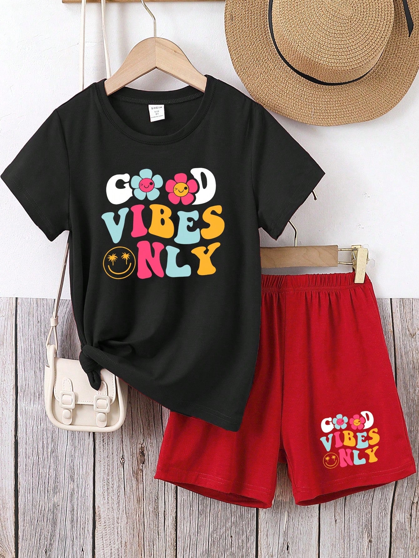 Teen Girls' Slogan & Printed Short Sleeve T-Shirt And Shorts Set