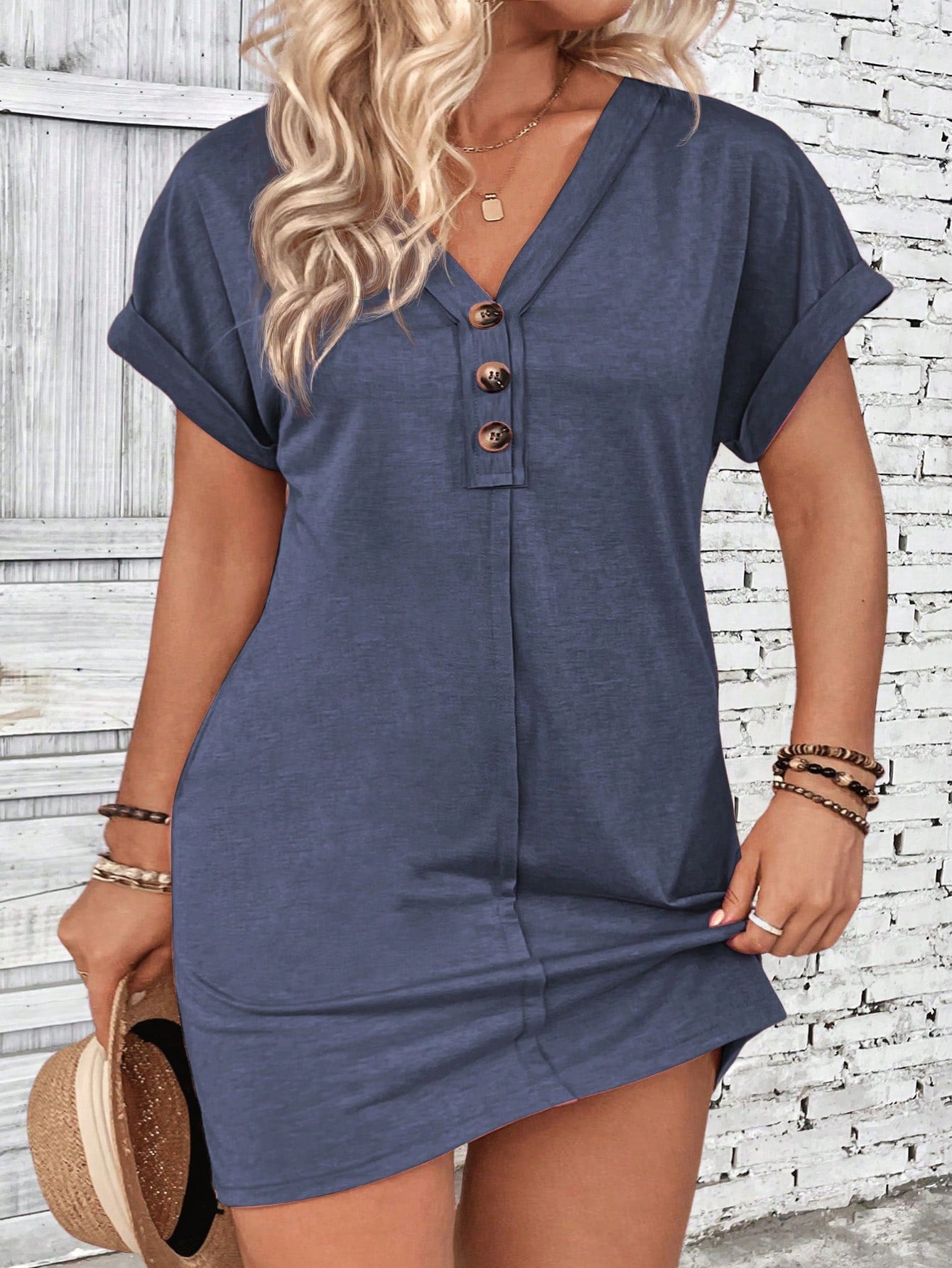 Plus Size Summer Casual V-Neck Dress With Rolled Cuffs And Button Placket