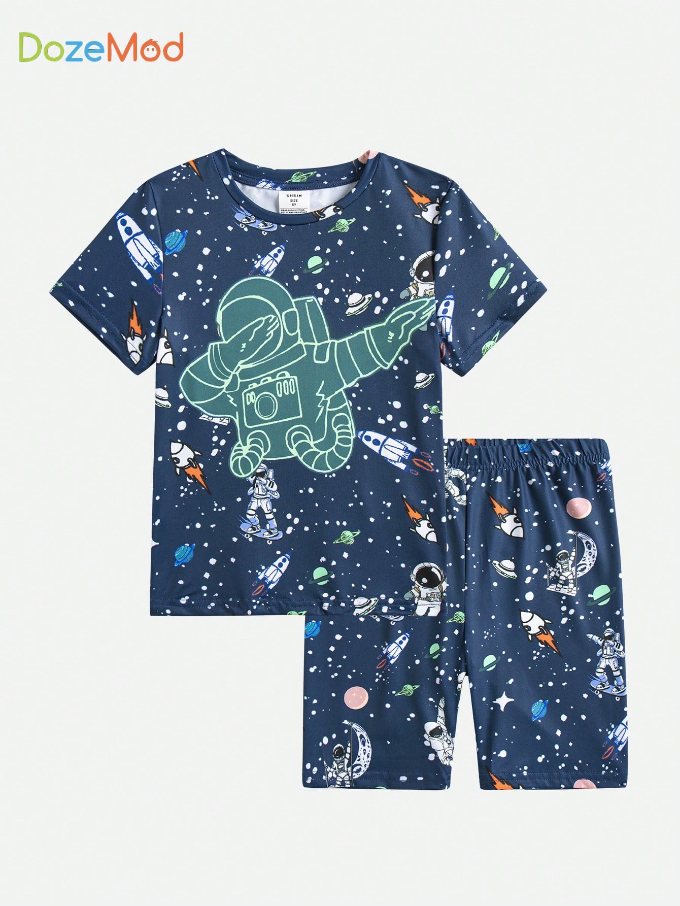 Young Boy Uv Light Illuminated Luminous Printed Pattern Knitted Snug Fit Loungewear Set