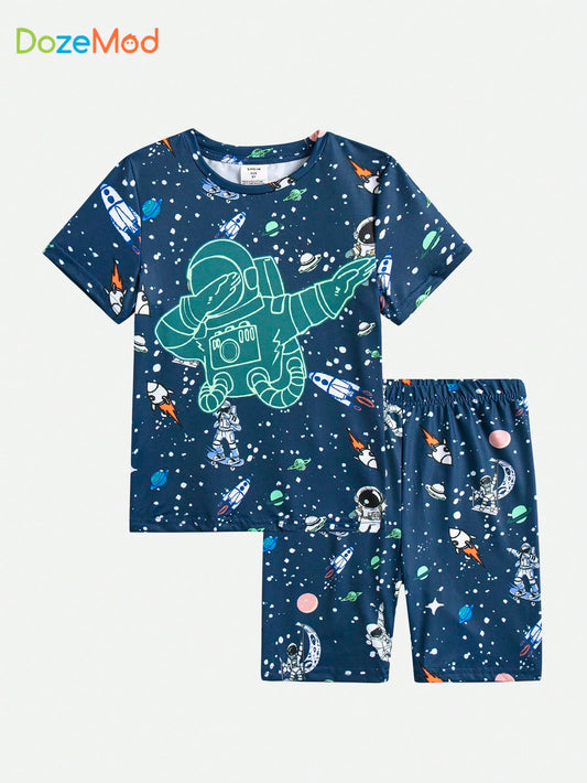 Young Boy Uv Light Illuminated Luminous Printed Pattern Knitted Snug Fit Loungewear Set