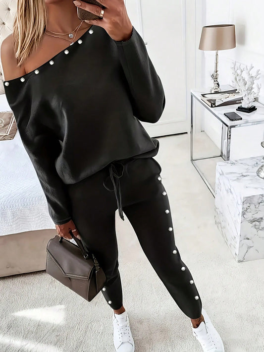 Women's Fashionable Simple Solid Color Long Sleeve Long Pants Casual Two-Piece Set