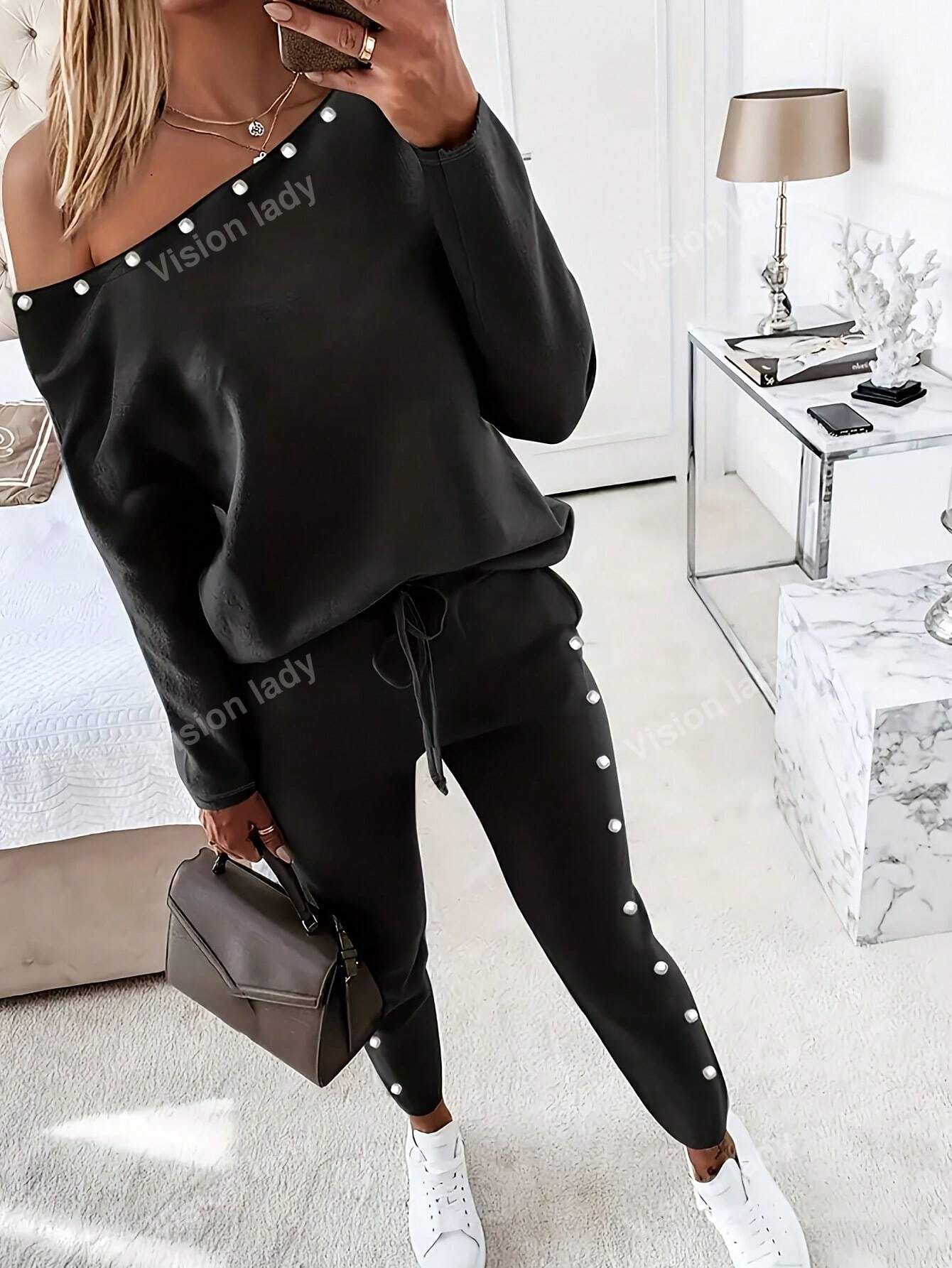 Women's Fashionable Simple Solid Color Long Sleeve Long Pants Casual Two-Piece Set