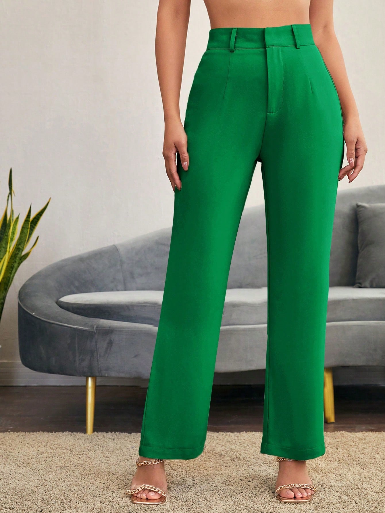 Solid High Waist Straight Leg Suit Pants