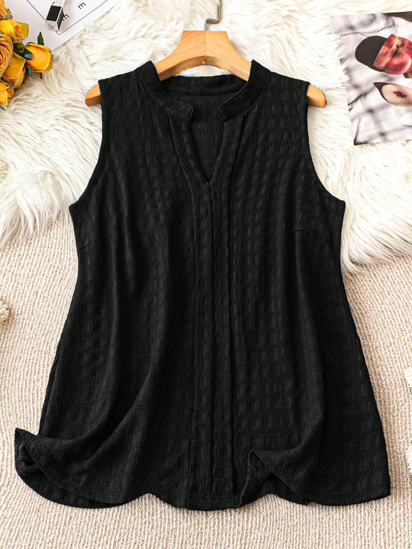 Plus Size Women Summer Solid Color Notched V Neck Loose Tank Top