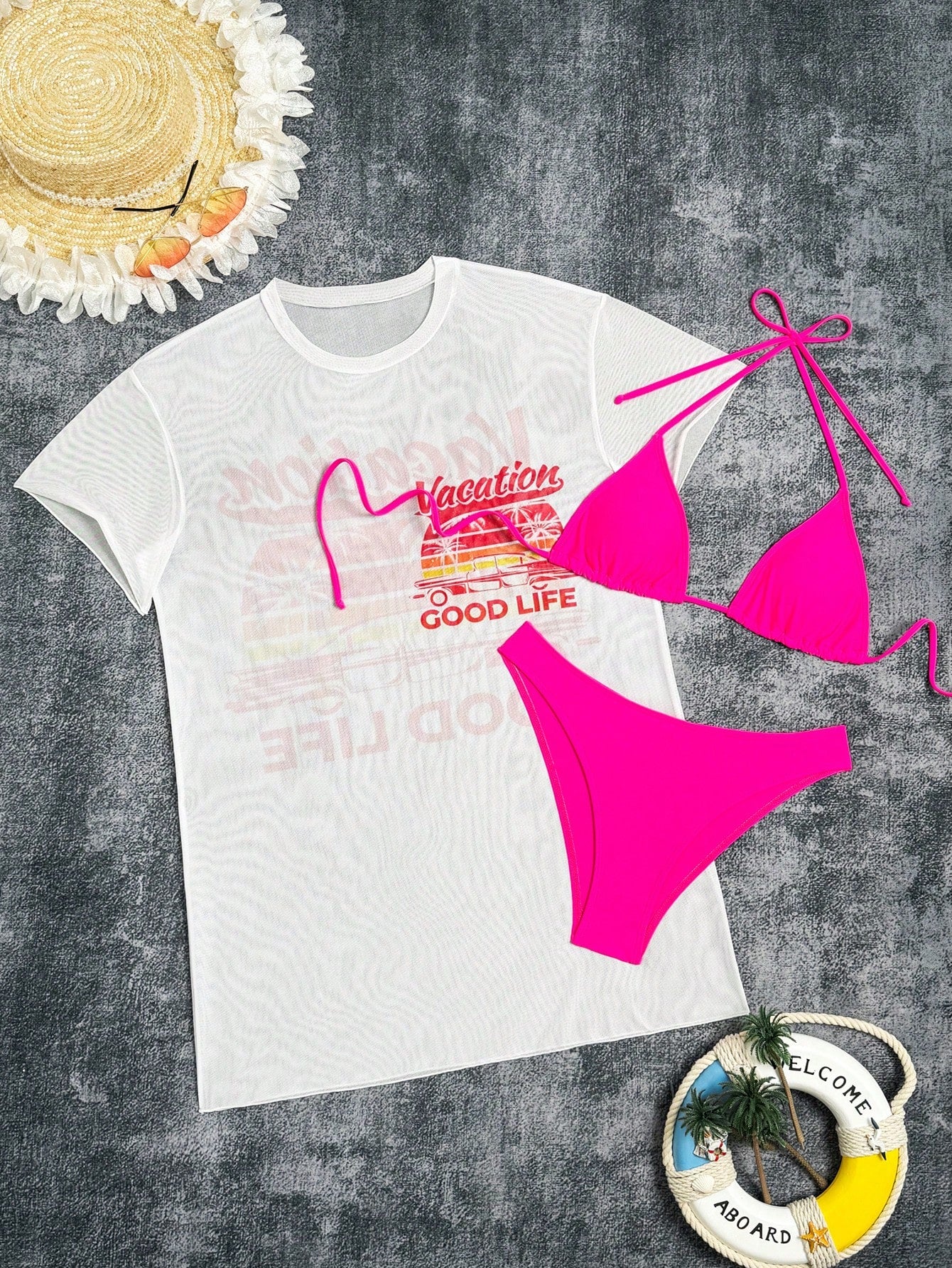 Swim Summer Beach V-Neck Halter Bikini Set With Separated Bottom, And Letter Printed Short Sleeve Cover Up