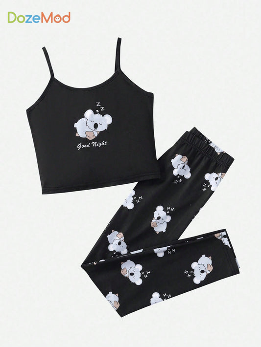 Tween Girl Cartoon & Letter Graphic Cami Top & Pants Snug Fit PJ Set