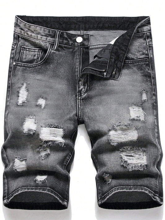 Tween Boy Black Grey Slim Straight Leg Ripped Denim Shorts