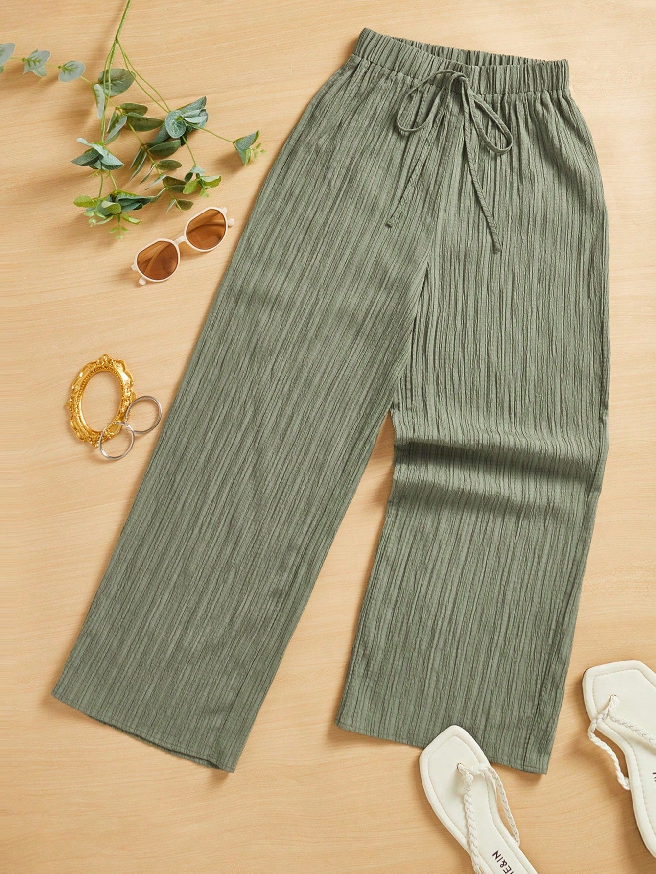 Summer Casual Textured Wide-Leg Capri Pants