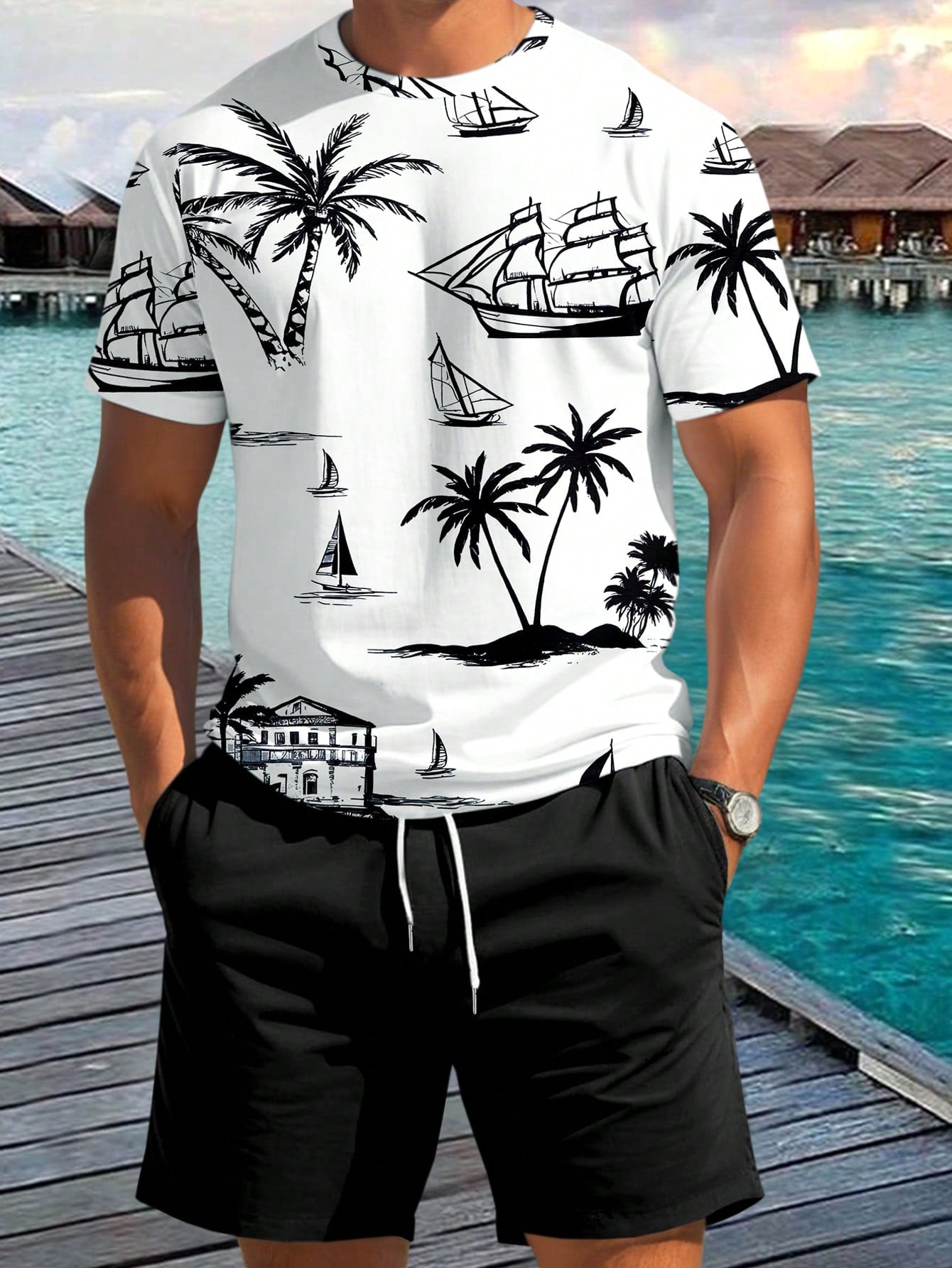 Men's Summer Holiday Palm Tree Printed Round Neck Short Sleeve Casual T-Shirt And Drawstring Waist Shorts Set