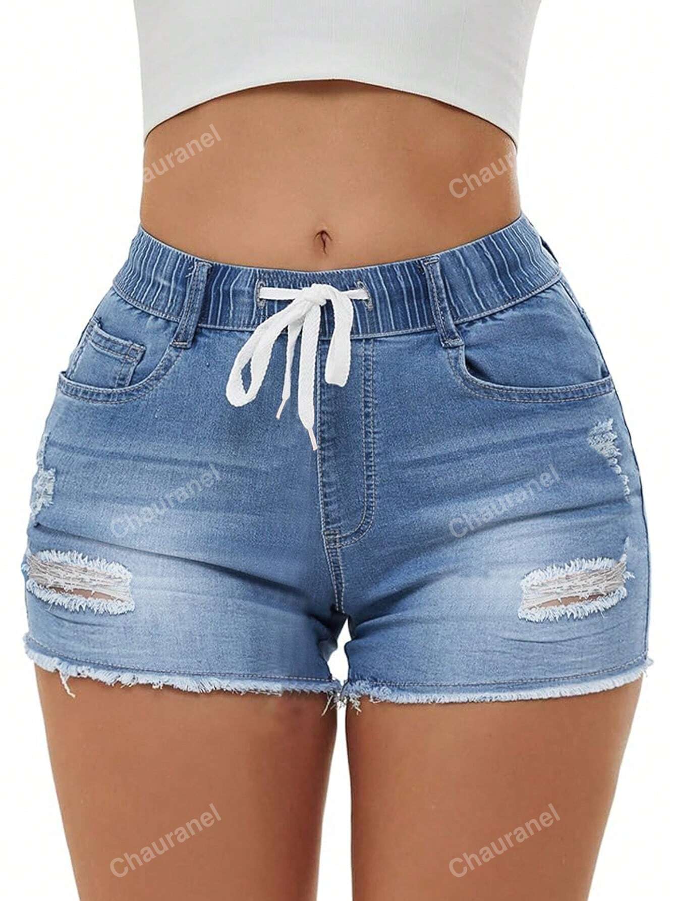 Women\ Distressed Denim Shorts With Elastic Waist And Drawstring, Frayed Hem And Stretchy Fabric