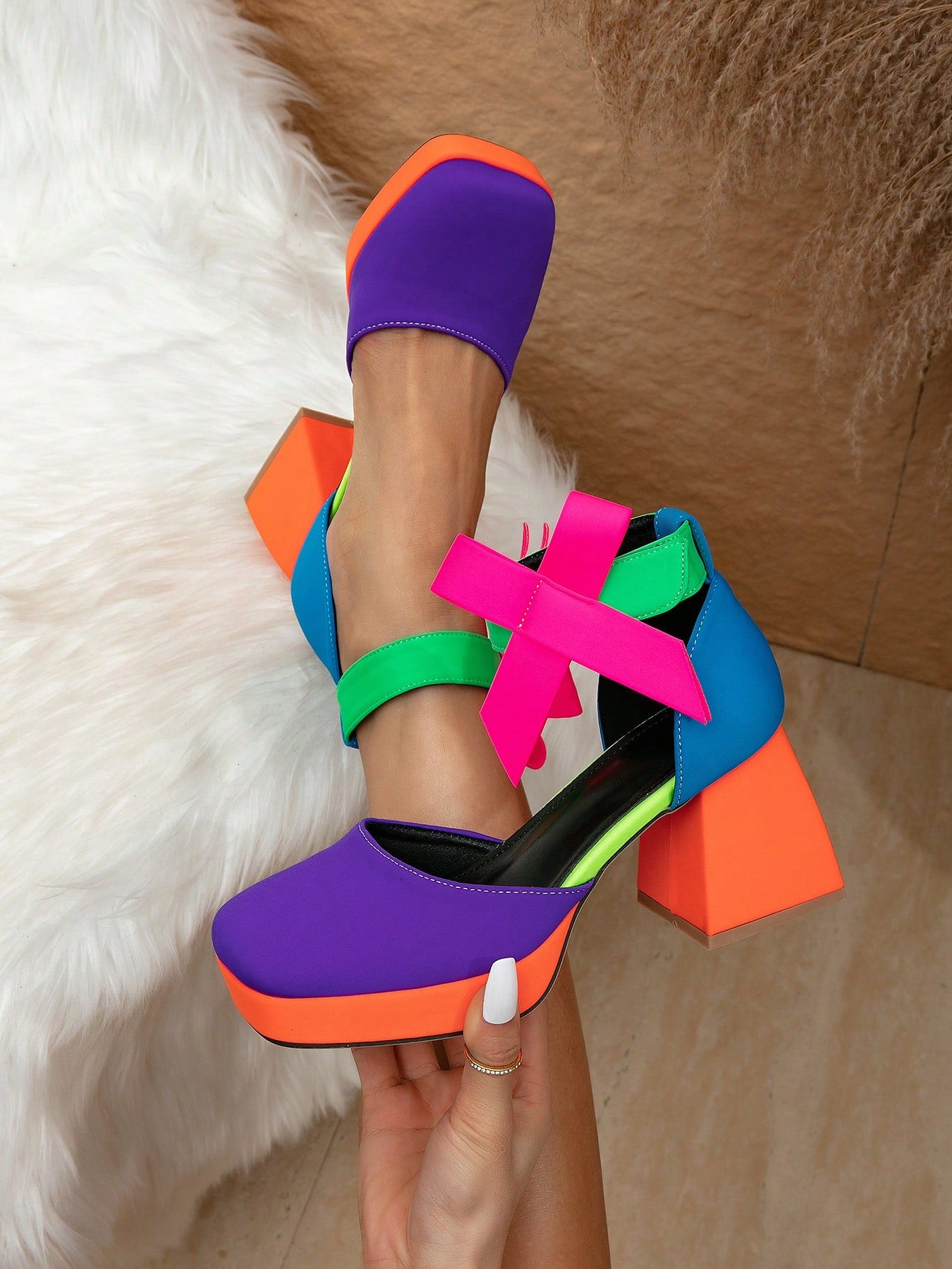 New Arrival Color Block Stylish Waterproof Platform High Heels, Perfect For Summer Daily Dressing, Featuring Bow Strap, Chunky Heels And Closed Toe Design For Women