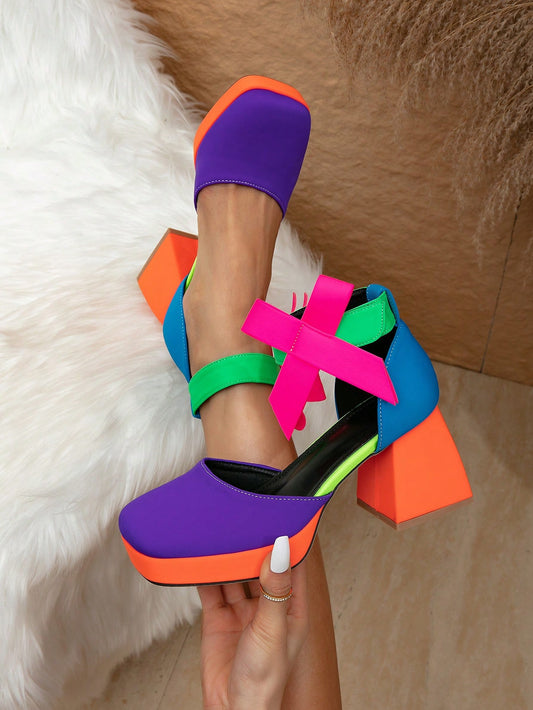 New Arrival Color Block Stylish Waterproof Platform High Heels, Perfect For Summer Daily Dressing, Featuring Bow Strap, Chunky Heels And Closed Toe Design For Women