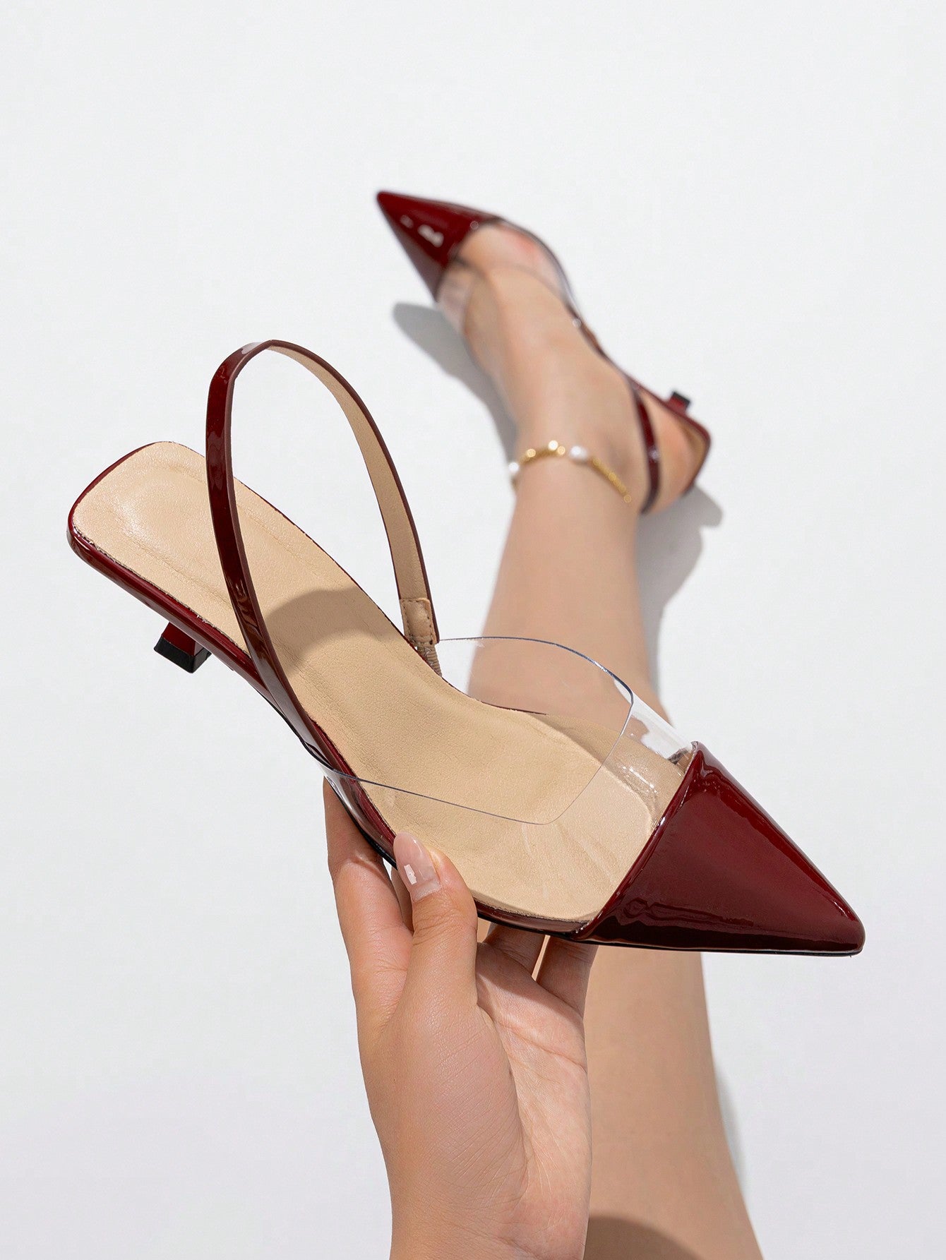 Women's Color Block Pointed Toe Backless Shoes, Minimalistic Everyday Wear Versatile Outing Shoe, Suitable For Spring And Summer, Wine Red High Heels