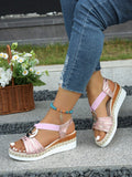 Women's Height Increase, Fashionable Weaving, Casual And Comfortable High Heeled Sandals With Silver Stripes Embellishments, Pink Fashionable Slope Heeled Sandals, Casual Daily Shopping, Walking, Comfortable Women's Fabric Slope Heeled Sandals