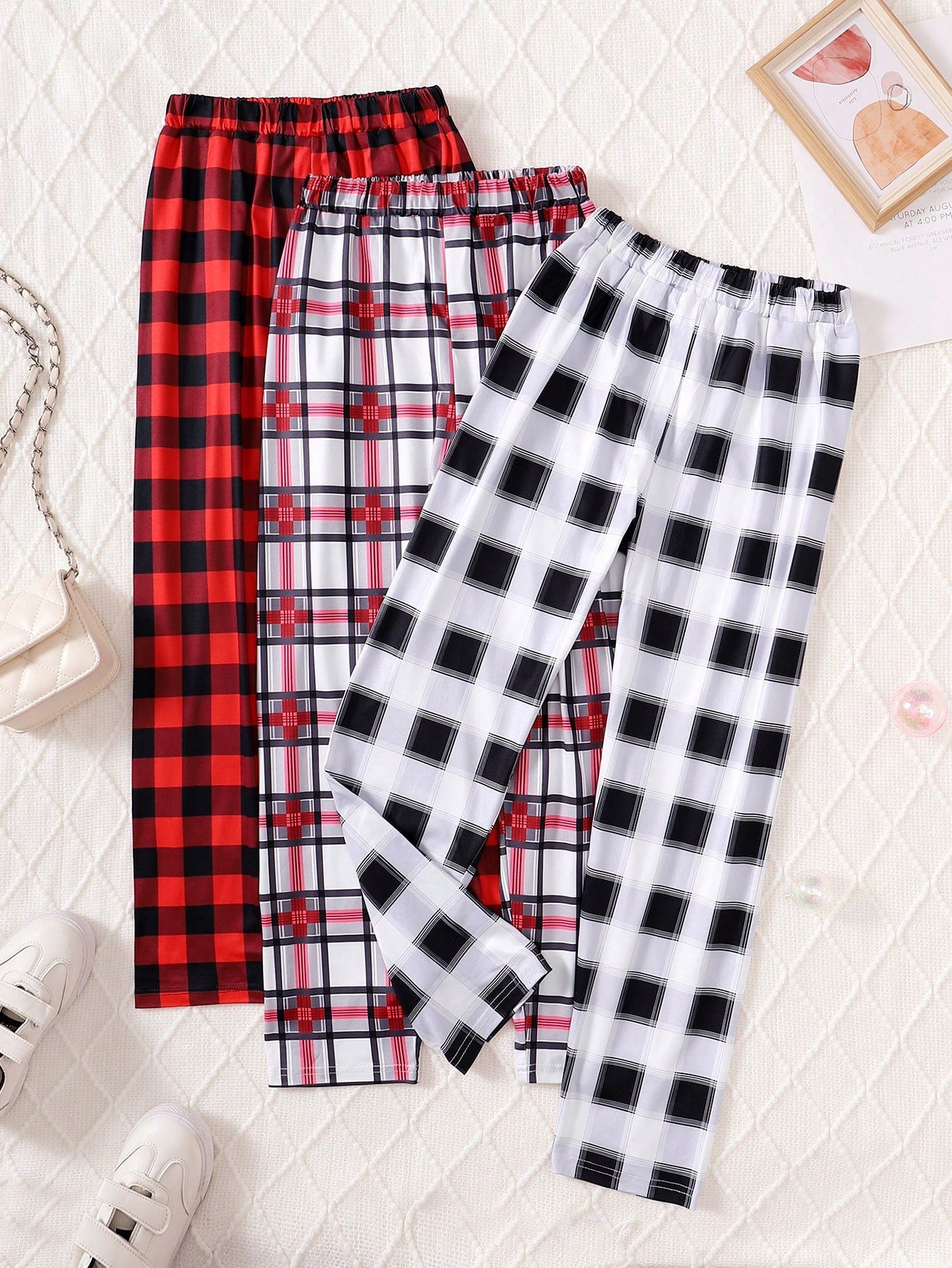 Tween Girl 3pcs Plaid Print Elastic Waist Pants Wearable In All Seasons