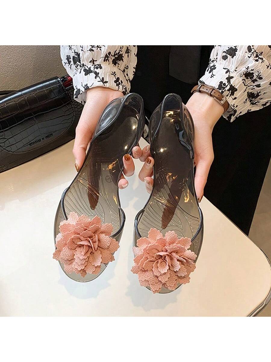 Women's Jelly Sandals With Flower Design And Peep Toe Clear Plastic Slip-Resistant Flat Shoes, Spring/Summer New Arrivals, Korean Style Fashion Casual Shoes